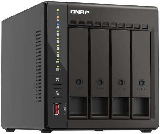 QNAP TS-453E-8G Rear View NAS | TS-453E-8G. QNAP NAS device with four bays on a white background