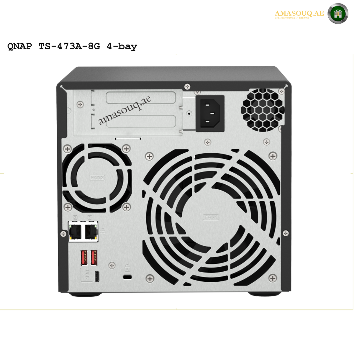 QNAP TS-473A-8G AMD Ryzen V1500B NAS | TS-473A-8G. Back view of a QNAP TS-473A-8G 4-bay NAS with cooling fans and ports on a white background.