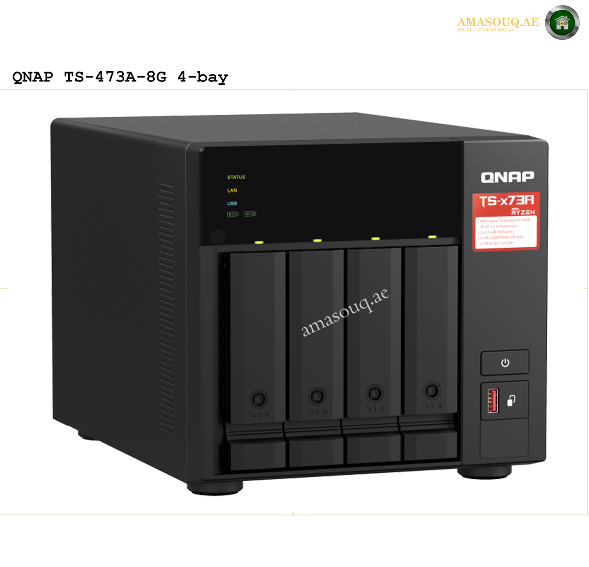 QNAP TS-473A-8G 4-Bay NAS Front View | TS-473A-8G. QNAP TS-473A-8G 4-bay NAS device with QNAP logo on a white background