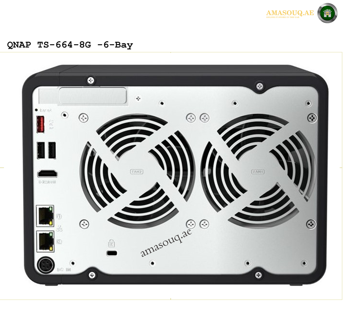 QNAP TS-664-8G Intel Celeron NAS | TS-664-8G. Back view of a QNAP TS-664-8G NAS with two fans on a white background.