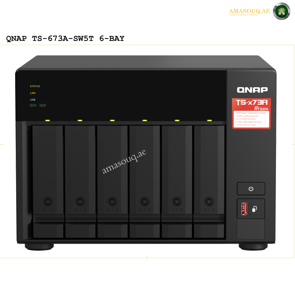 QNAP TS-673A-8G 6-Bay NAS | TS-673A-8G. QNAP TS-673A-SW5T 6-bay NAS device with visible branding on a white background