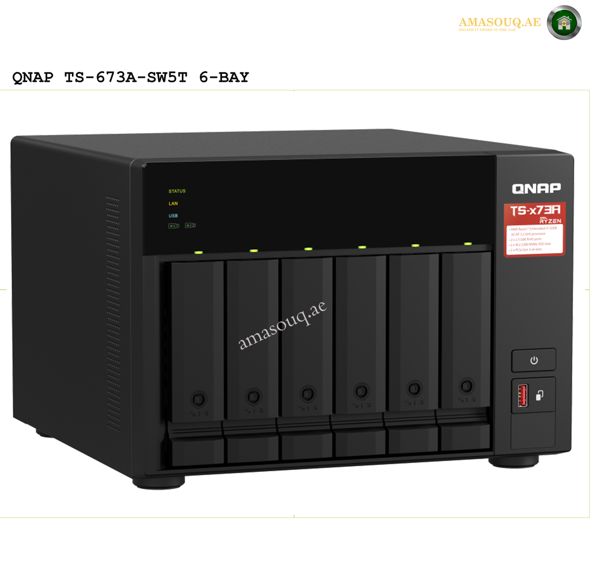 QNAP TS-673A-8G 6-Bay NAS Front View | TS-673A-8G. QNAP TS-673A-SW5T 6-bay NAS device on a white background