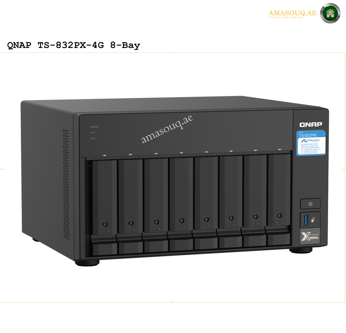 QNAP TS-832PX-4G Front View NAS | TS-832PX-4G. QNAP TS-832PX-4G 8-Bay storage device with QNAP logo on a white background