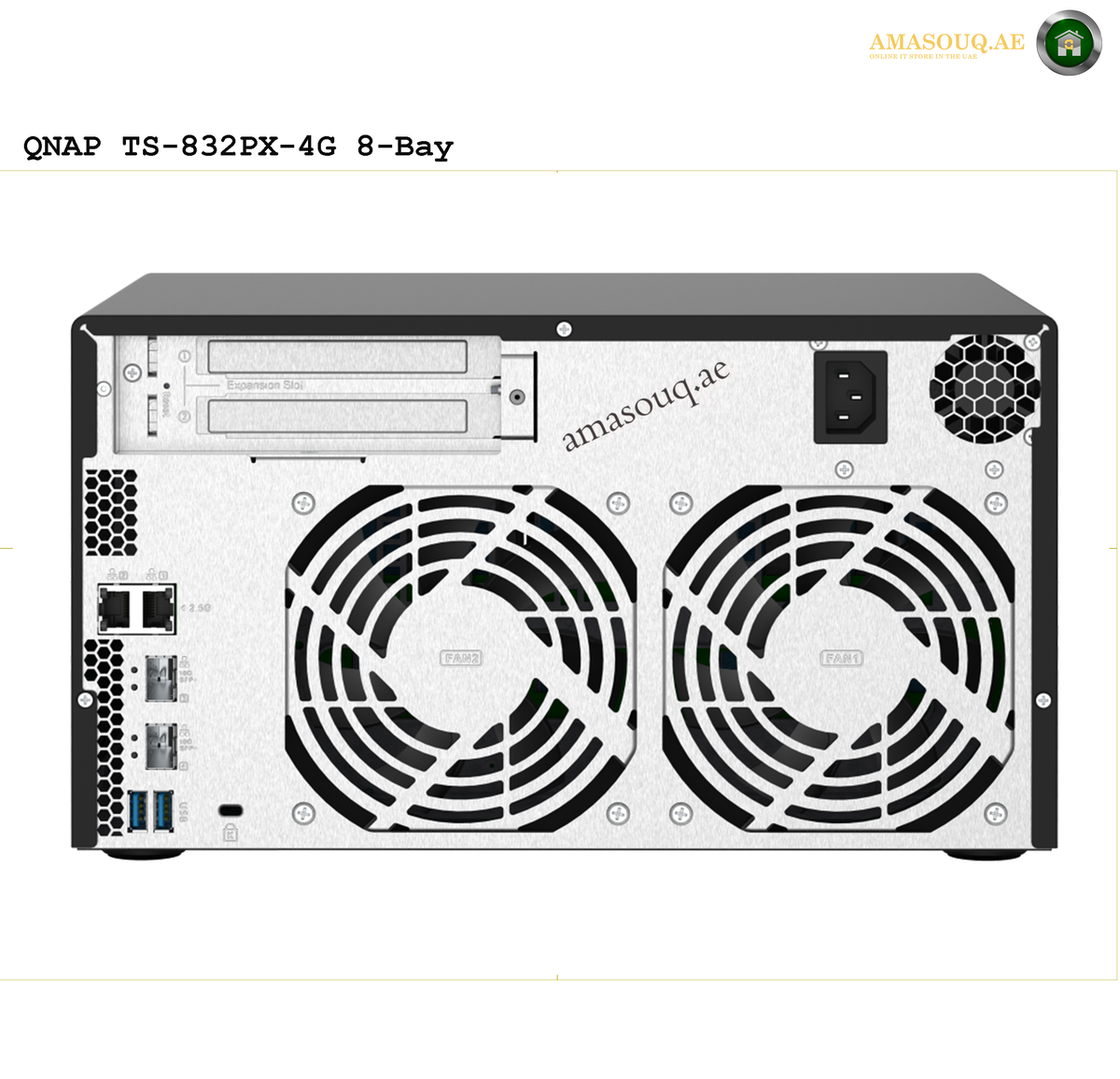 QNAP TS-832PX-4G Rear View NAS | TS-832PX-4G. Back view of a QNAP TS-832PX-4G 8-Bay NAS with two fans on a white background.
