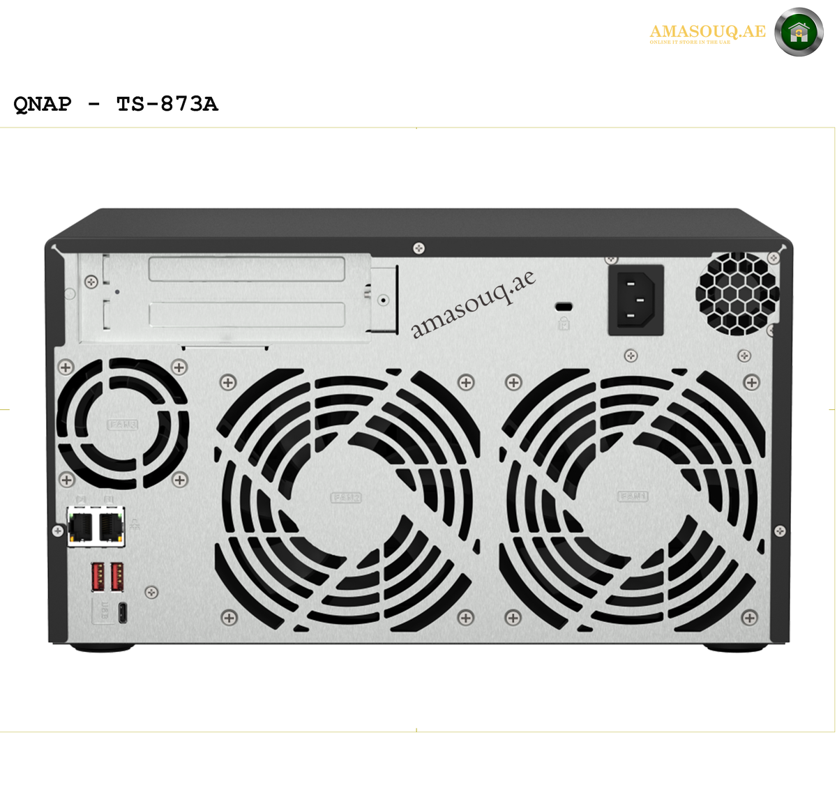 QNAP TS-873A-8G AMD Ryzen V1500B NAS | TS-873A-8G. Back view of aQNAP TS-873A server with cooling fans on a white background.