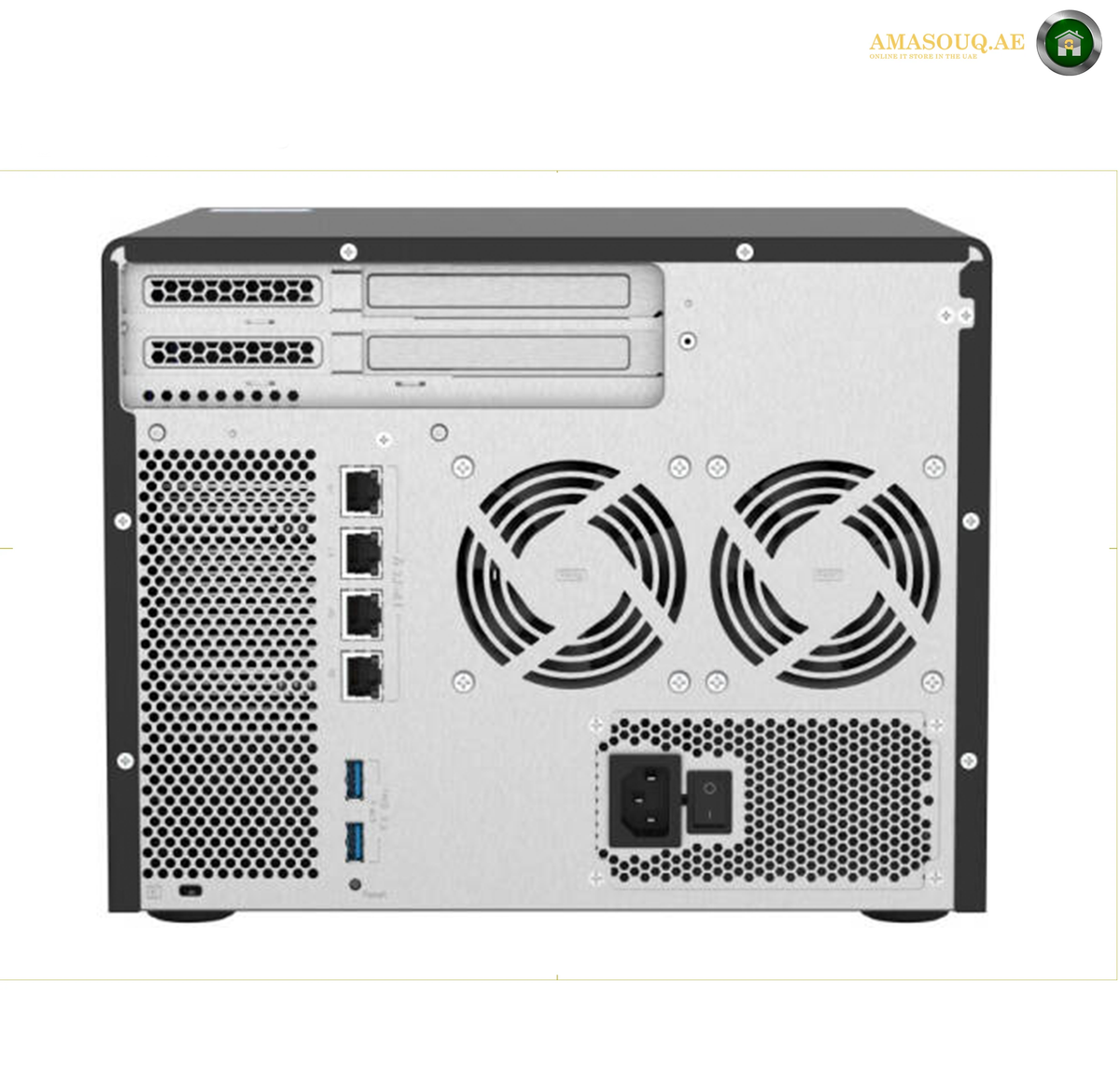 QNAP TS-h886-D1602-8G 8-Bay Storage NAS | TS-h886-D1602-8G. Back view of a computer case with cooling fans on a white background