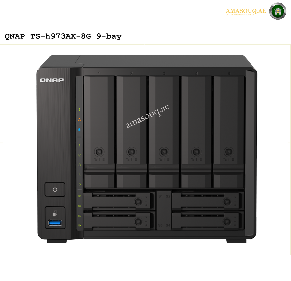 QNAP TS-h973AX-8G 9-Bay NAS | TS-h973AX-8G. QNAP TS-h973AX-8G 9-bay storage device with 'amasouq.ae' branding.