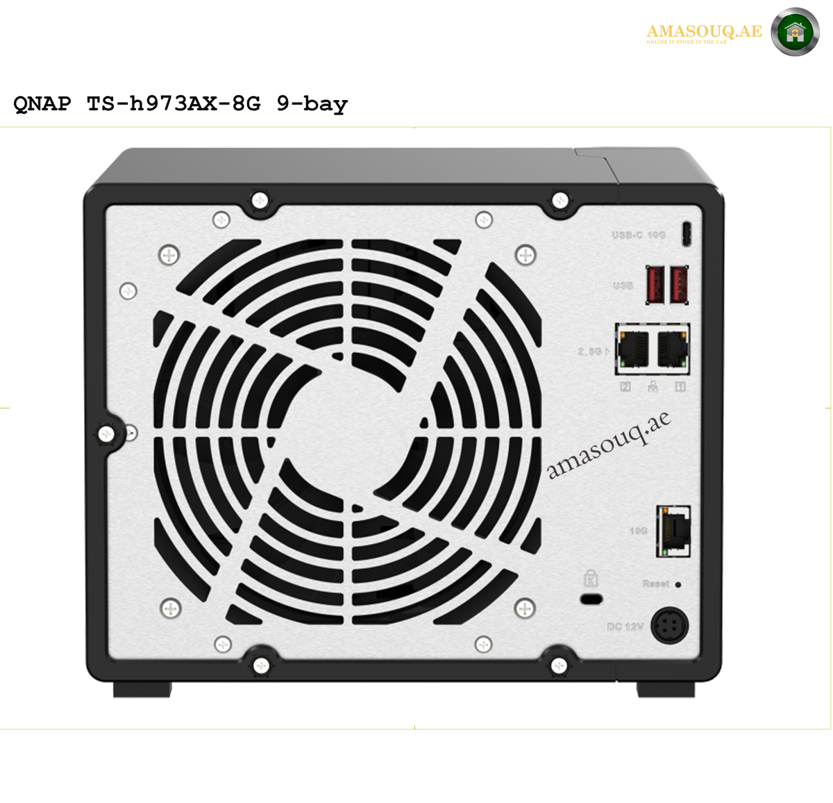QNAP TS-h973AX-8G AMD Ryzen V1500B NAS | TS-h973AX-8G. QNAP TS-h973AX-8G 9-bay server with cooling fan on a white background