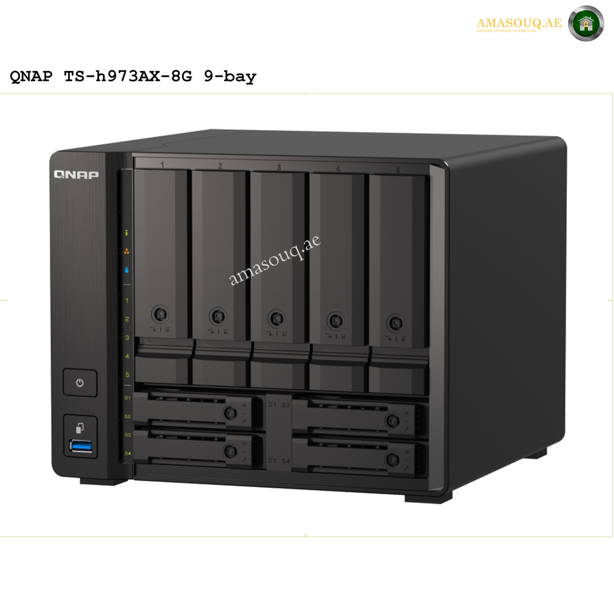 QNAP TS-h973AX-8G 9-Bay NAS Front View | TS-h973AX-8G. QNAP TS-h973AX-8G 9-bay NAS server on a white background
