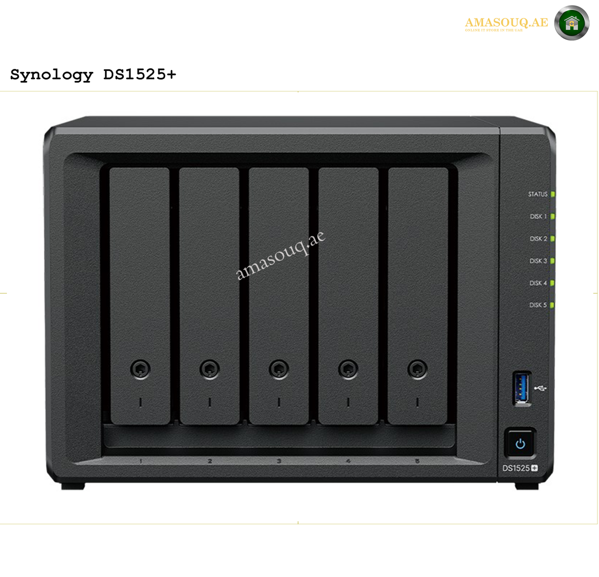 Synology DiskStation DS1525+ 5-Bay NAS AMD Ryzen R1600 8GB RAM | DS1525+. Synology DS1525+ storage device on a white background