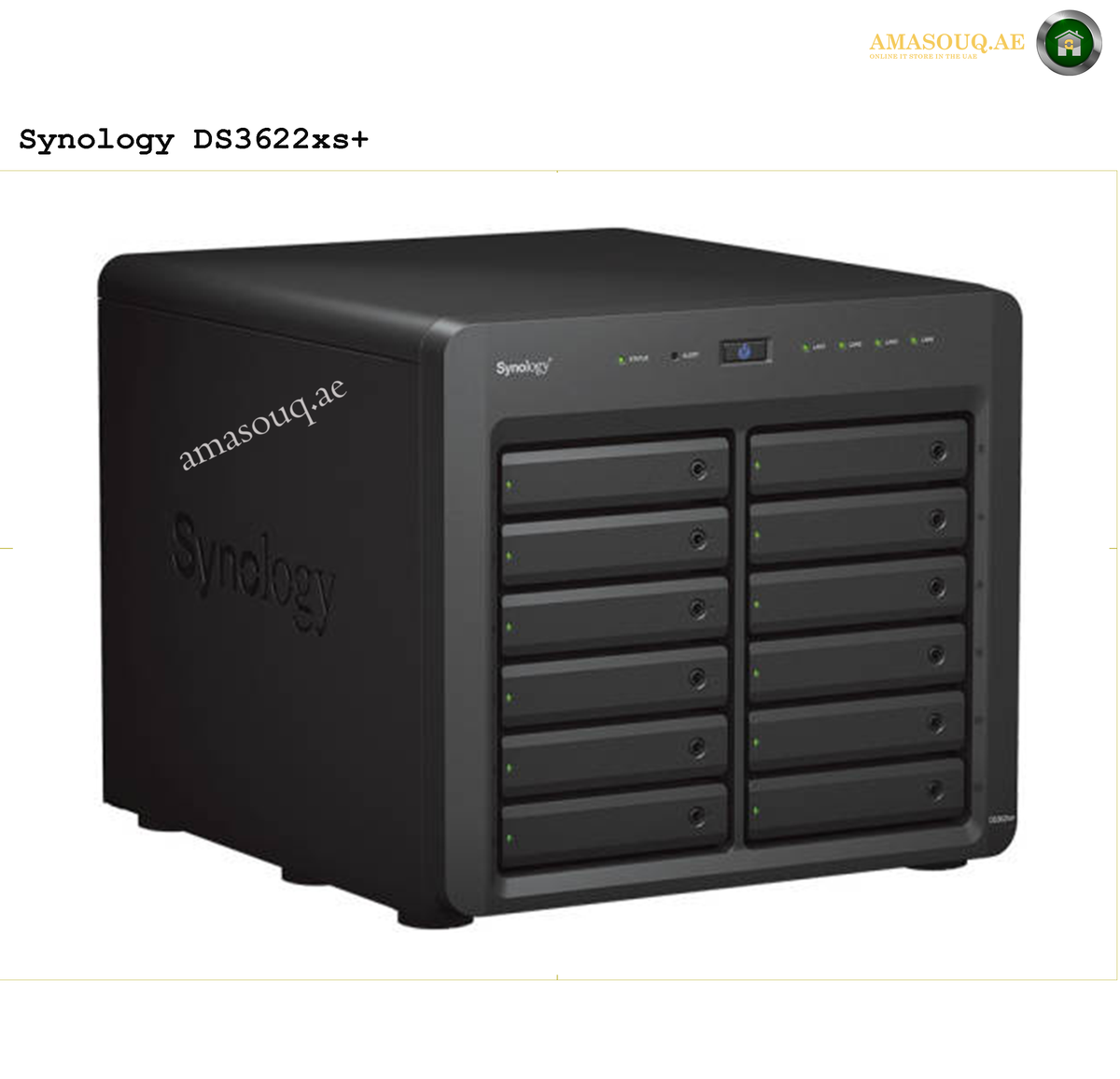 Synology DiskStation DS3622xs+ 12-Bay NAS | DS3622xs+. Black Synology DS3622xs+ storage device on a white background