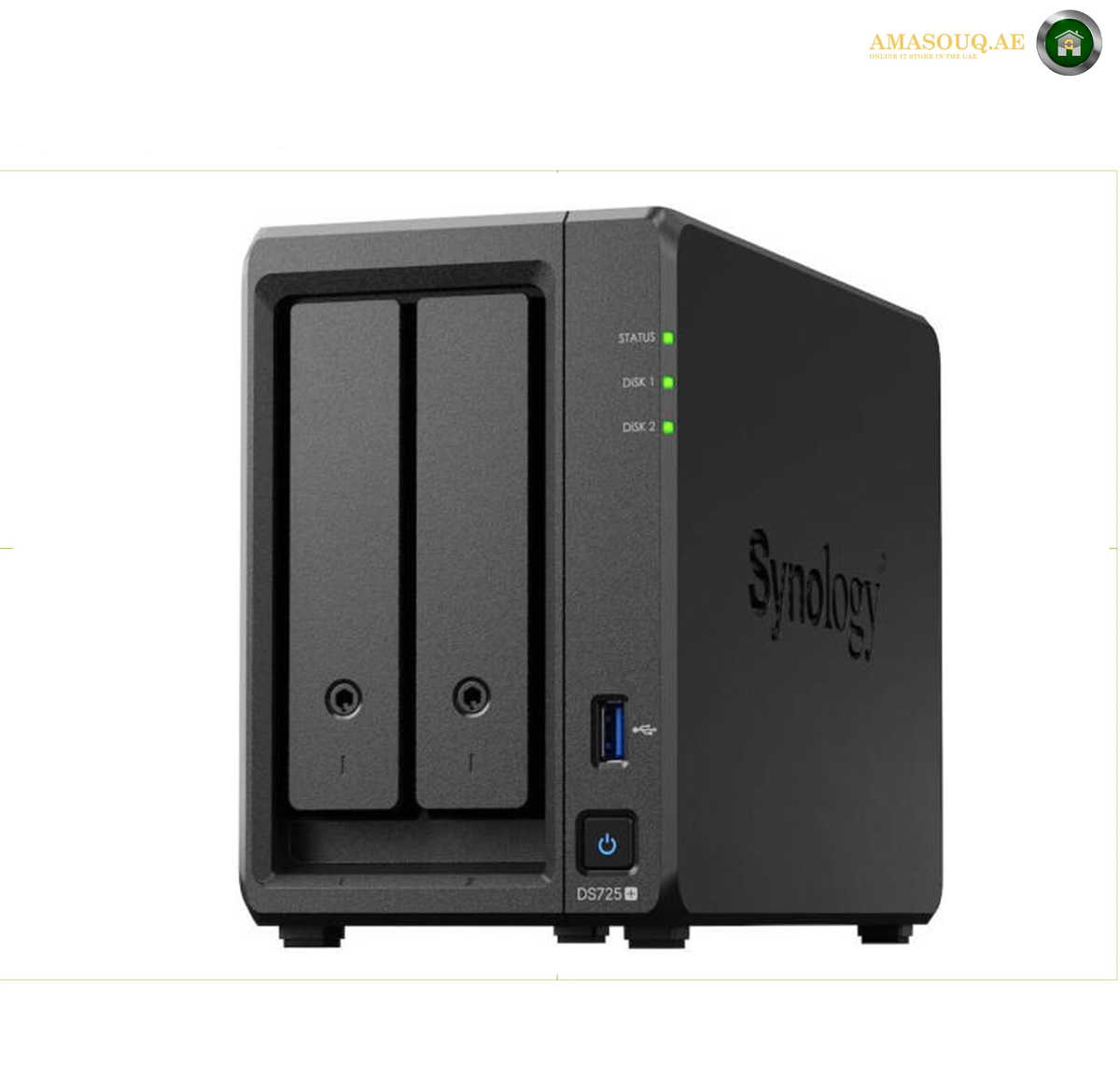Synology DiskStation DS725+ 2-Bay NAS AMD Ryzen R1600 2GB 2.5GbE | DS725+. Synology NAS device on a white background
