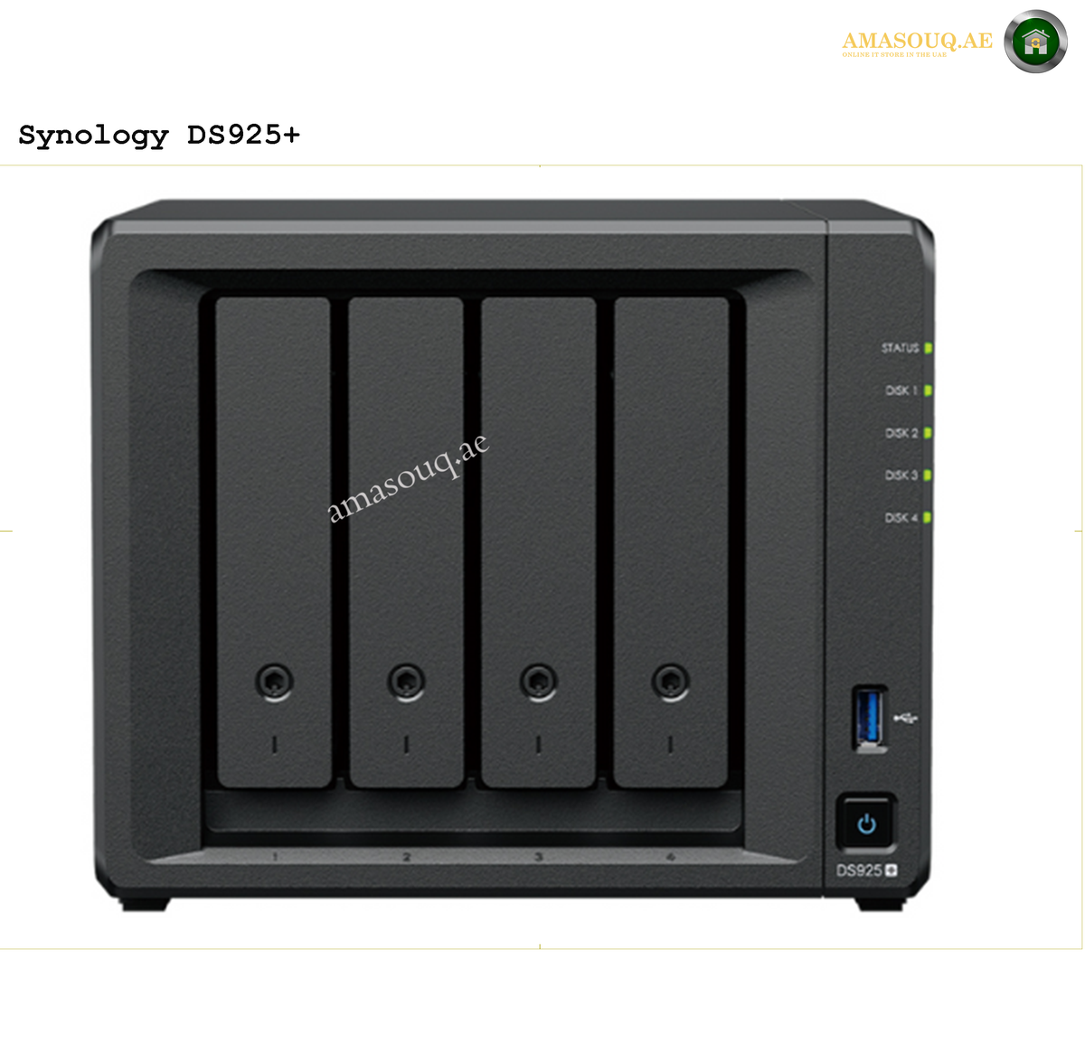 Synology DiskStation DS925+ 4-Bay NAS AMD Ryzen V1500B 4GB Dual 2.5GbE | DS925+. Synology DS925+ NAS device on a white background