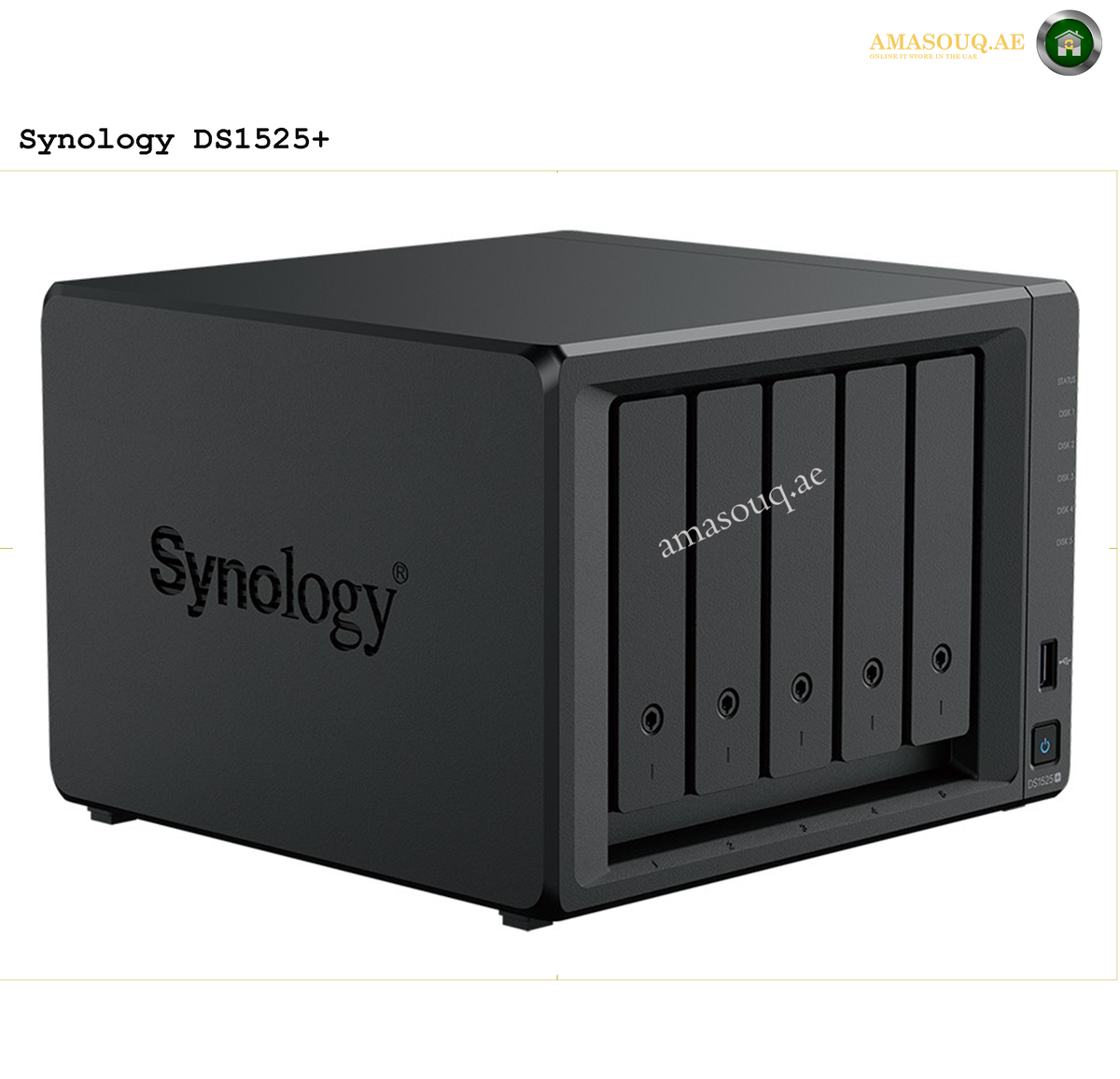 Synology DiskStation DS1525+ 5-Bay NAS Front View | DS1525+. Black Synology DS1525+ NAS device on a white background