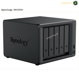 Synology DiskStation DS1525+ 5-Bay NAS Front View | DS1525+. Black Synology DS1525+ NAS device on a white background