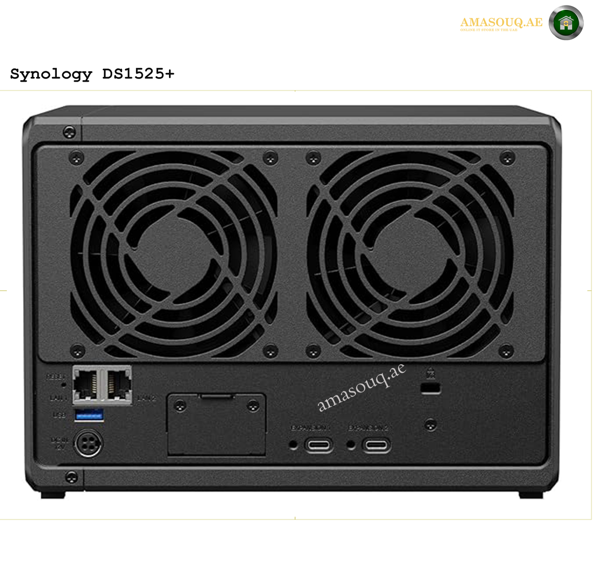 Synology DiskStation DS1525+ 5-Bay NAS Rear View and Connectivity | DS1525+. Synology DS1525+ NAS device with fans on a white background