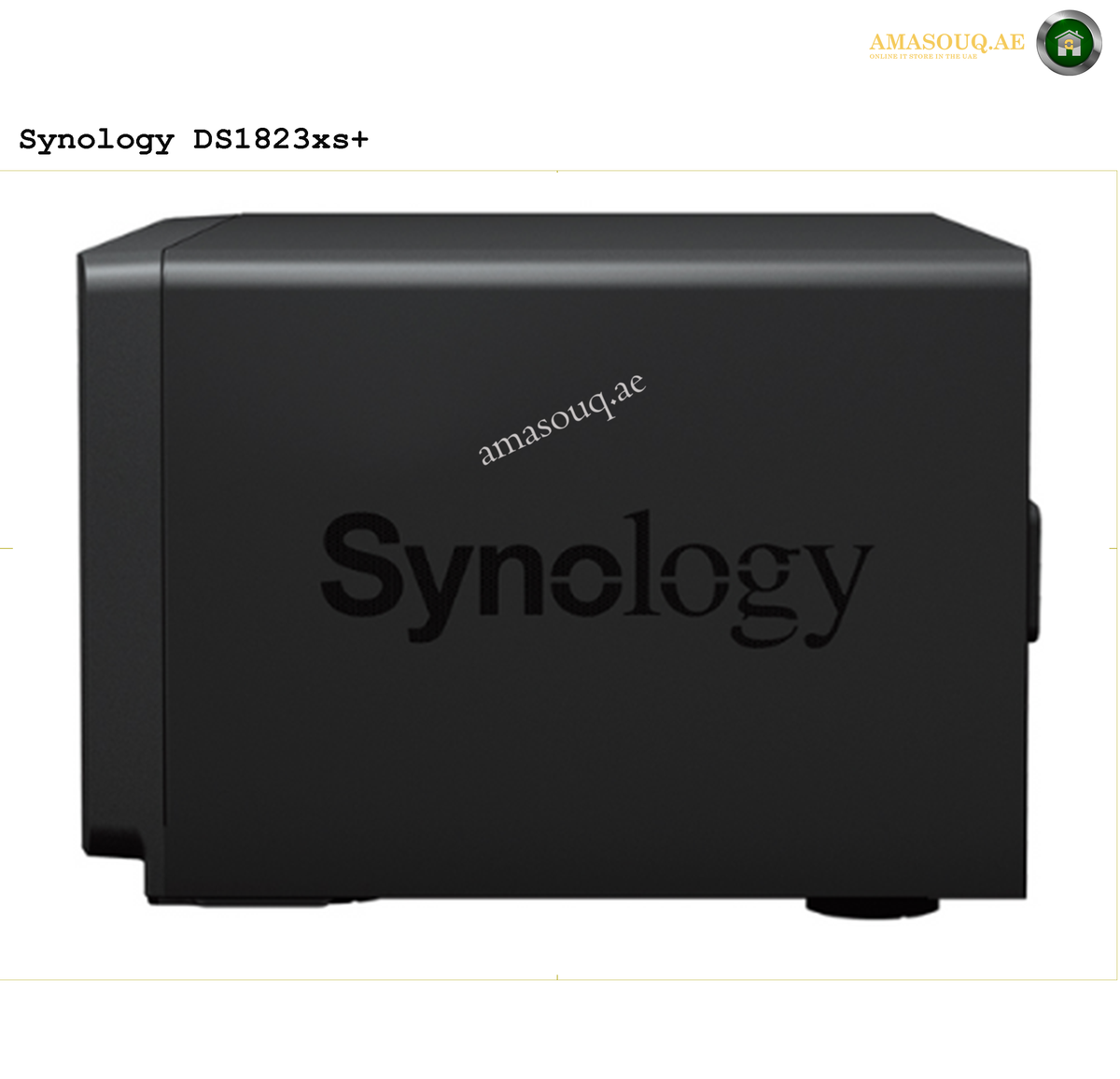 Synology DiskStation DS1823xs+ 8-Bay NAS Rear View and Connectivity | DS1823xs+.
Black Synology DS1823xs+ device on a white background with 'amasouq.ae' branding.