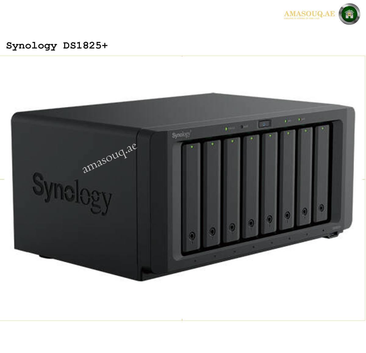 Synology DS1825+ 8-Bay NAS with Eight Drive Bays for Scalable Storage | DS1825+. Black Synology DS1825+ NAS device on a white background