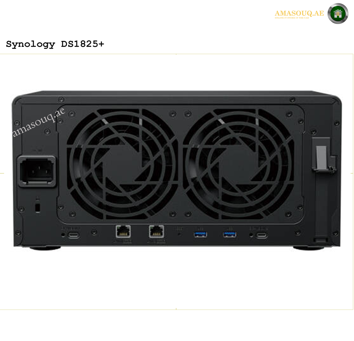 Synology DiskStation DS1825+ 8-Bay NAS Rear View and Connectivity Ports | DS1825+. Back view of a Synology DS1825+ NAS device with fans and ports on a white background.