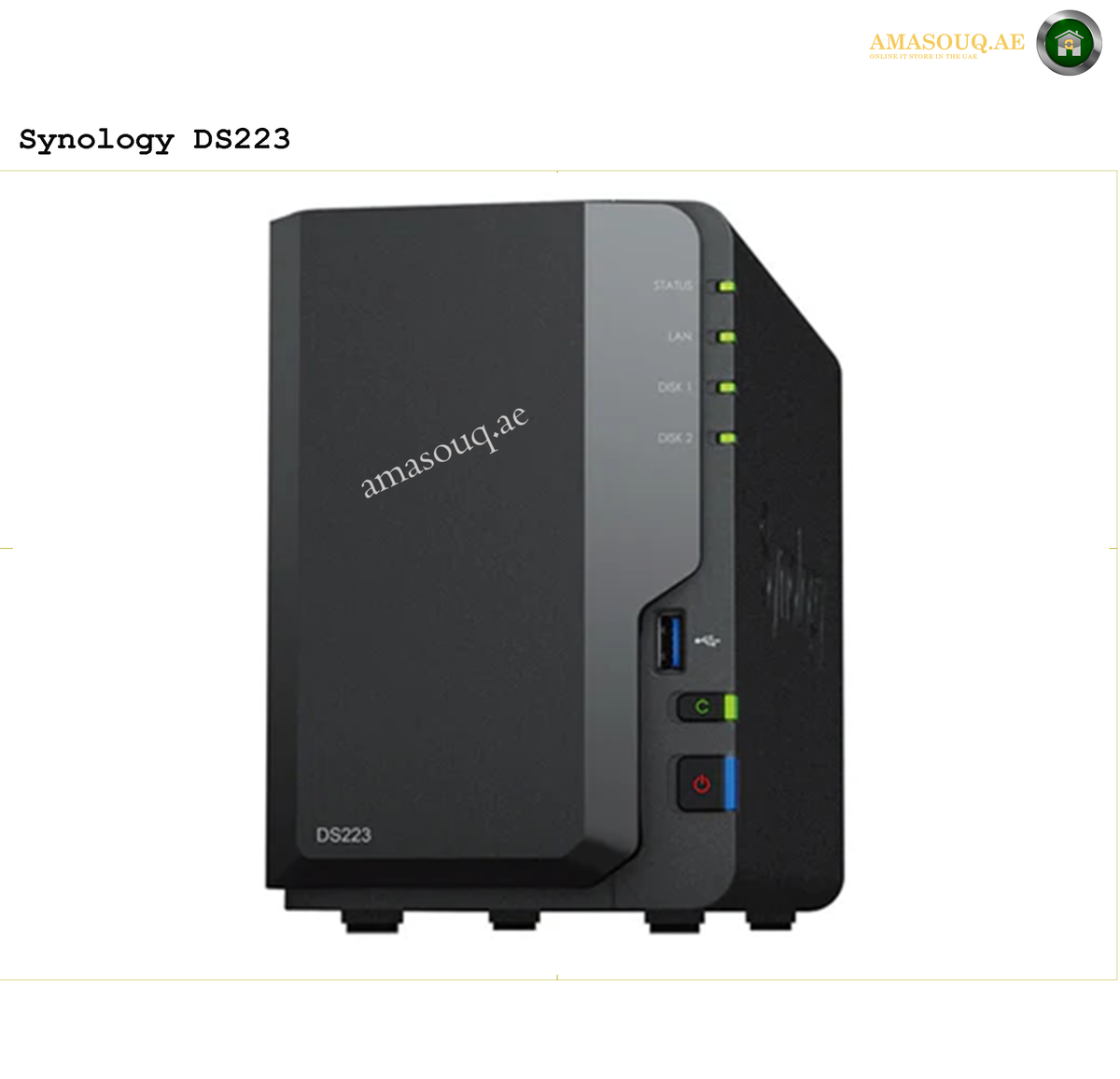 Synology DiskStation DS223 2-Bay NAS Front View | DS223.
Synology DS223 network storage device on a white background