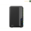 Synology DiskStation DS225+ 2-Bay Network Attached Storage Front View | DS225+. Black electronic device with green LED lights on a white background