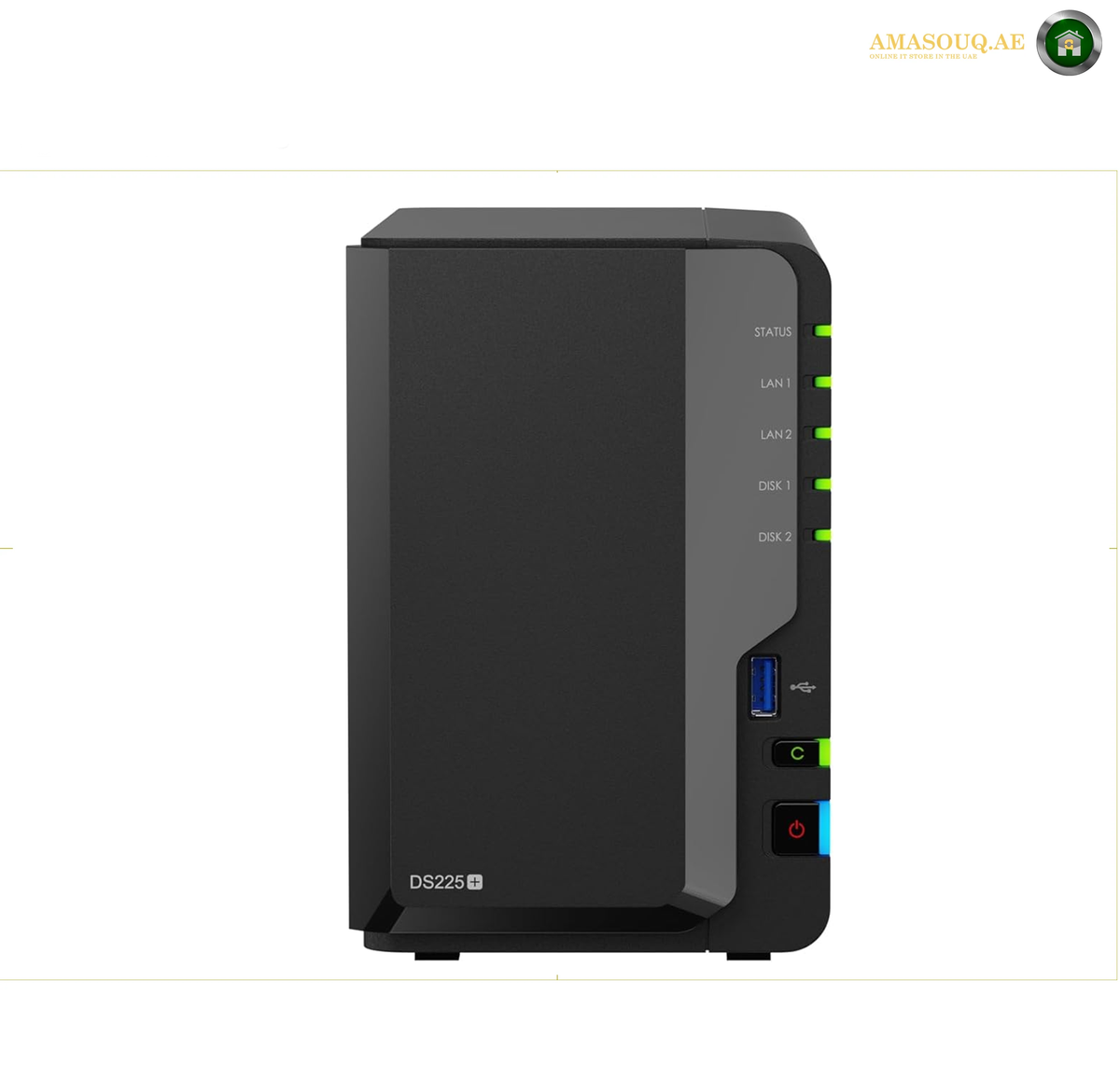Synology DiskStation DS225+ 2-Bay Network Attached Storage Front View | DS225+. Black electronic device with green LED lights on a white background