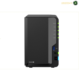 Synology DiskStation DS225+ 2-Bay Network Attached Storage Front View | DS225+. Black electronic device with green LED lights on a white background