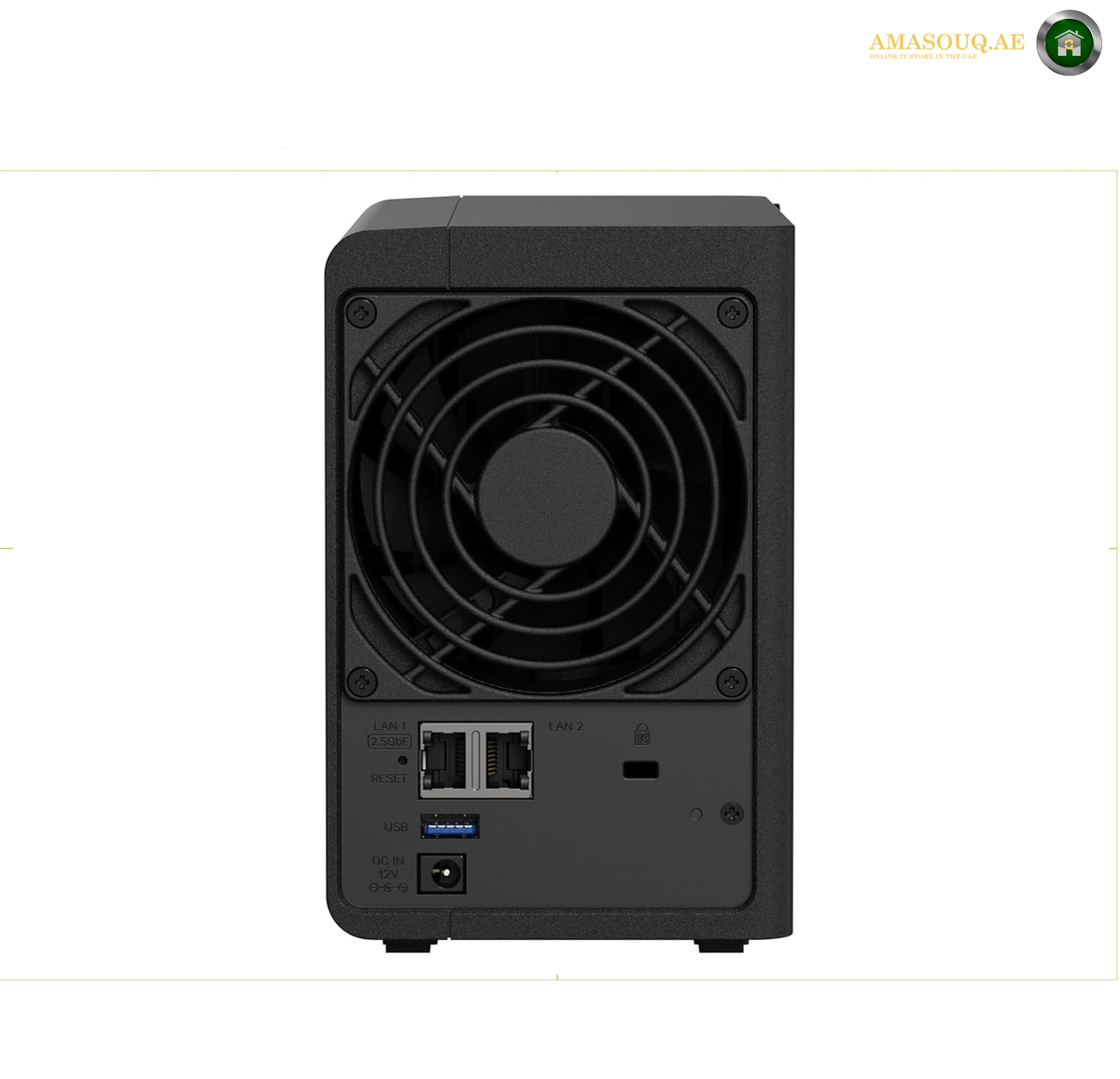 Synology DS225+ 2-Bay NAS Storage with 2.5GbE LAN | DS225+. Black electronic device with a fan on a white background
