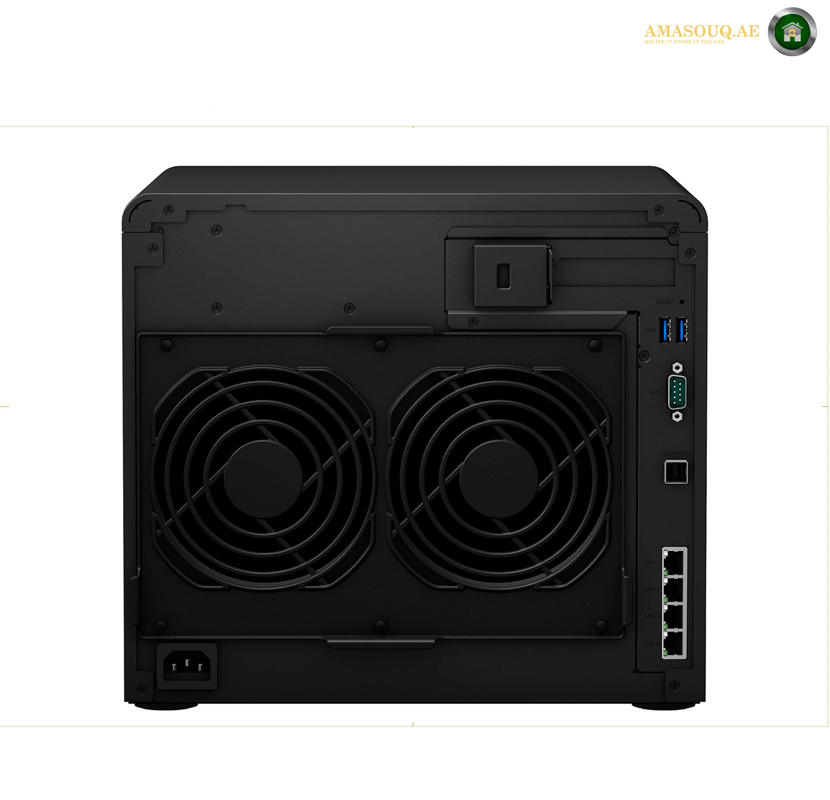 Synology DS2422+ 12-Bay NAS with Twelve Drive Bays for High-Capacity Storage | DS2422+. Black computer case with fans and ports on a white background