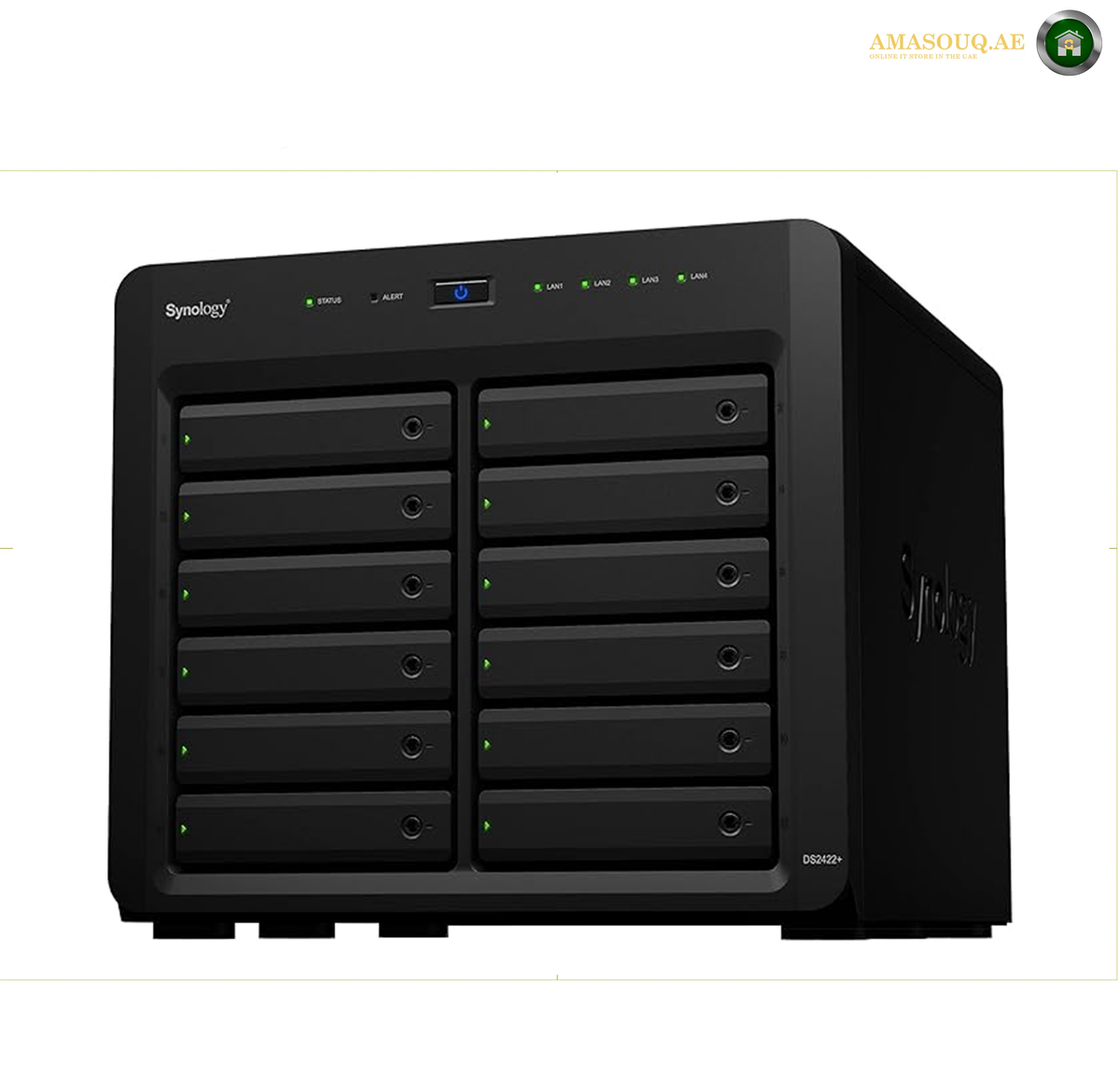 Synology DiskStation DS2422+ 12-Bay NAS Rear View and Connectivity | DS2422+. Black Synology NAS device on a white background