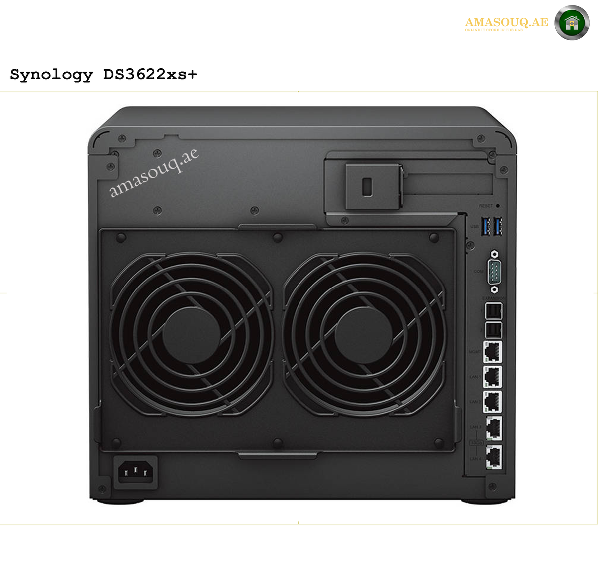 Synology DS3622xs+ 12 Drive Bay NAS Storage | DS3622xs+. Back view of a Synology DS3622xs+ NAS device with cooling fans and connectivity ports.