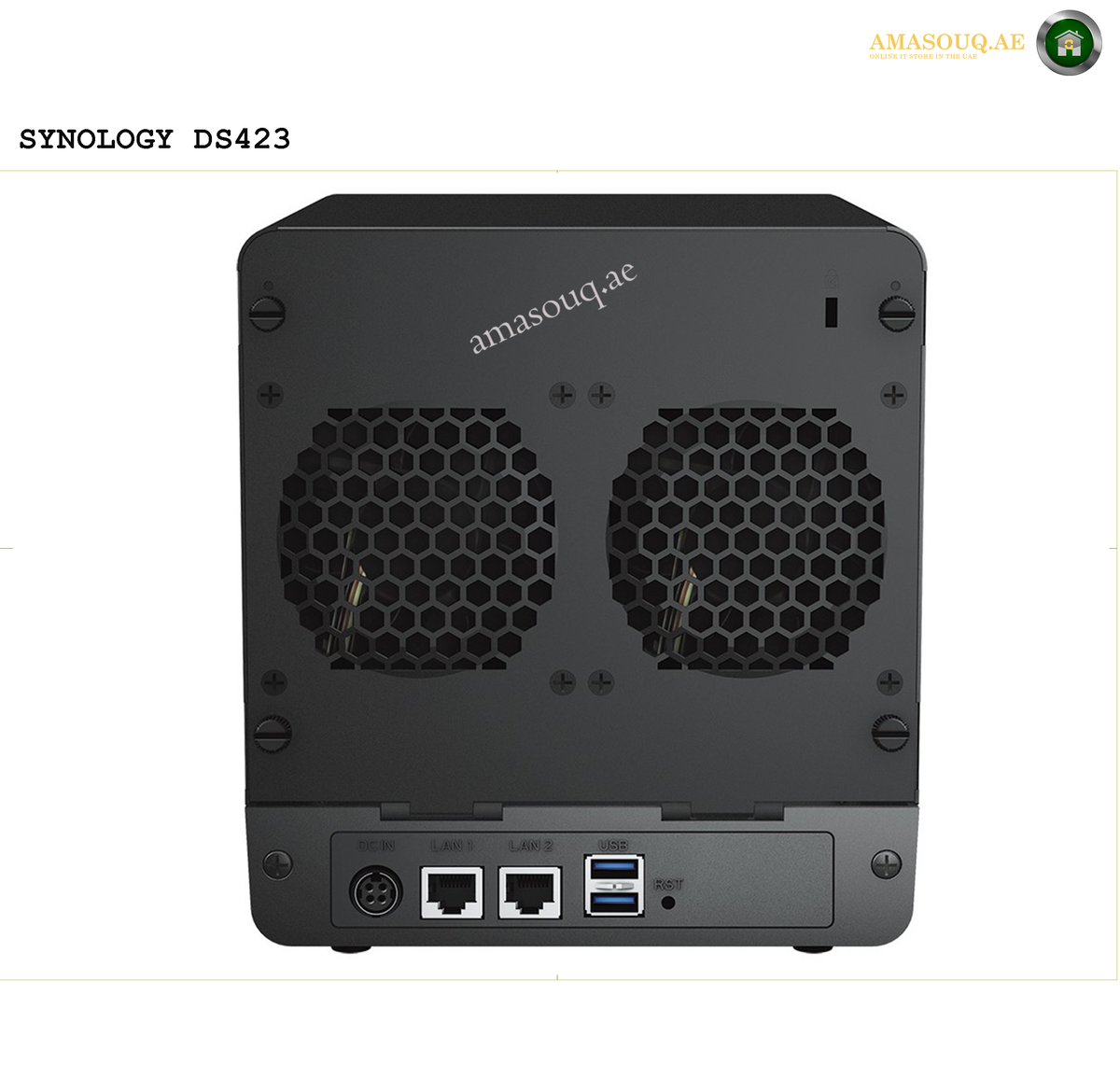 Synology DS423 4-Bay NAS Storage Solution with 2GB RAM | DS423. Back view of a Synology DS423 NAS device with ventilation grills and ports.