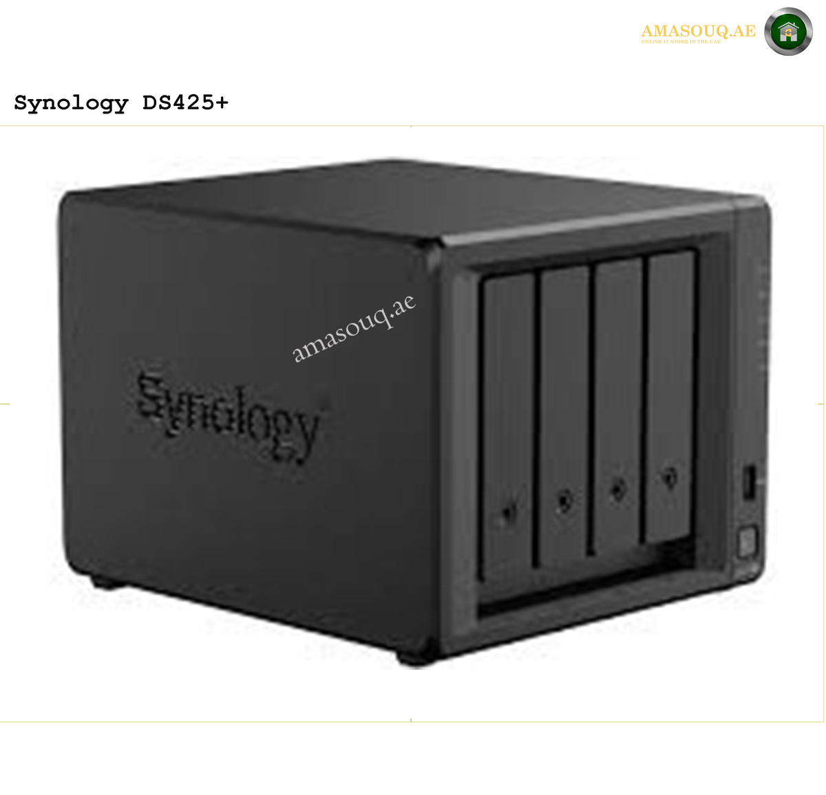 Synology DiskStation DS425+ 4-Bay Network Attached Storage Front View | DS425+. Black Synology DS425+ NAS device on a white background
