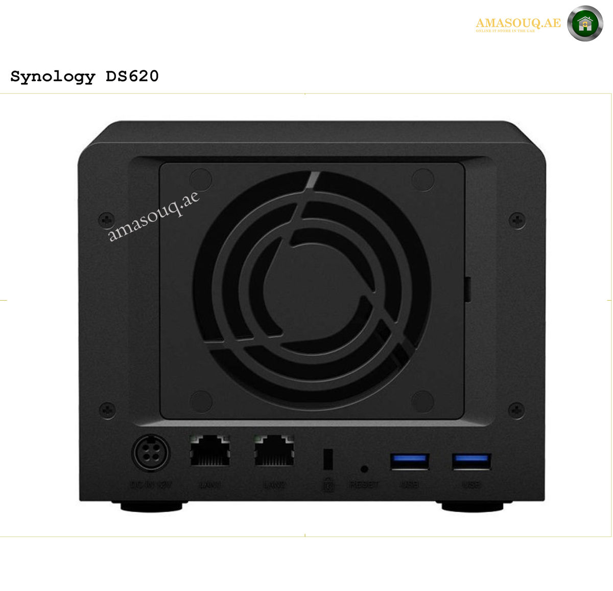 Synology DS620slim 6-Bay NAS with 2.5-Inch Drive Trays | DS620slim. Synology DS620 NAS device with fan and ports on a white background