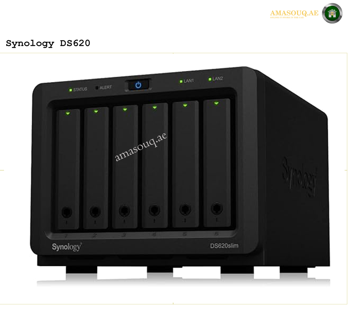 Synology DiskStation DS620slim Compact 6-Bay NAS Front View | DS620slim. Synology DS620 NAS device on a white background with 'amasouq.ae' branding.