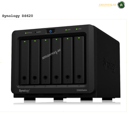 Synology DiskStation DS620slim Compact 6-Bay NAS Front View | DS620slim. Synology DS620 NAS device on a white background with 'amasouq.ae' branding.
