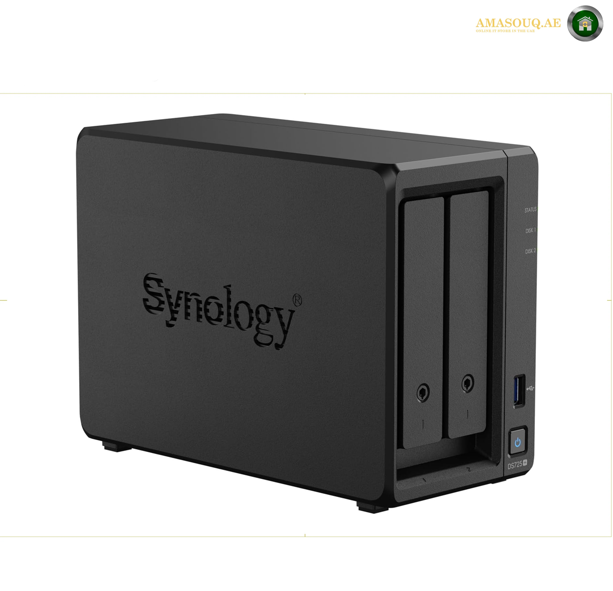 Synology DiskStation DS725+ 2-Bay Desktop NAS Front View | DS725+.Black Synology NAS device on a white background