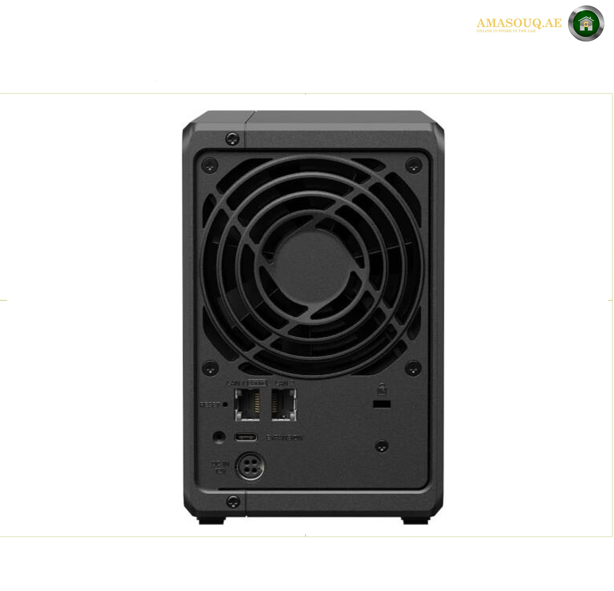 Synology DS725+ 2-Bay NAS with 2 M.2 NVMe Slots and 2.5GbE LAN | DS725+. Back view of a black electronic device with a fan on a white background