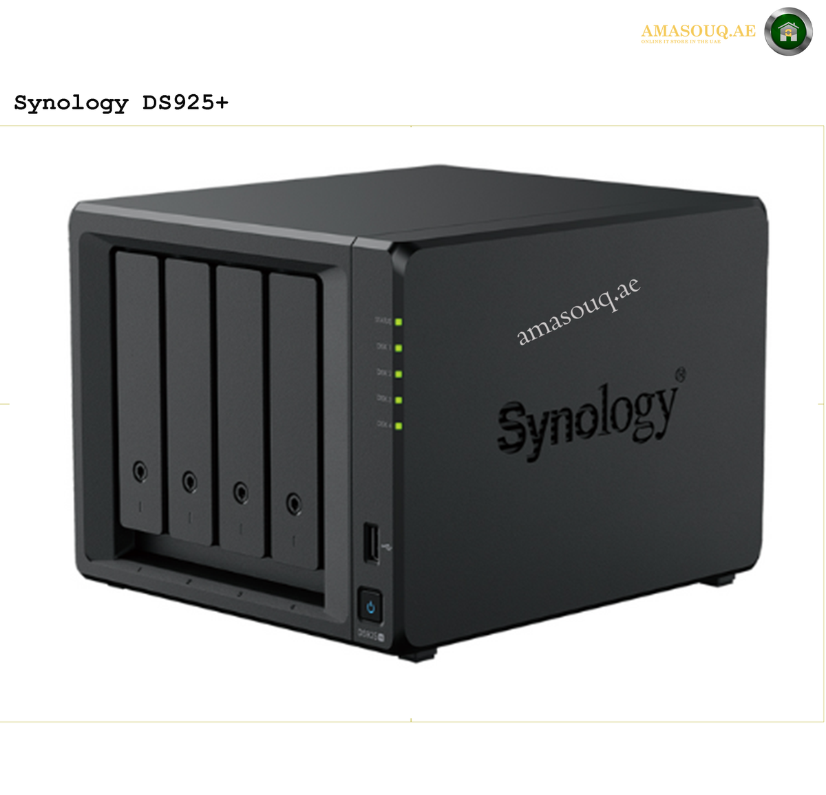 Synology DiskStation DS925+ 4-Bay Network Attached Storage Front View | DS925+. Synology DS925+ NAS device with 'amasouq.ae' branding on a white background