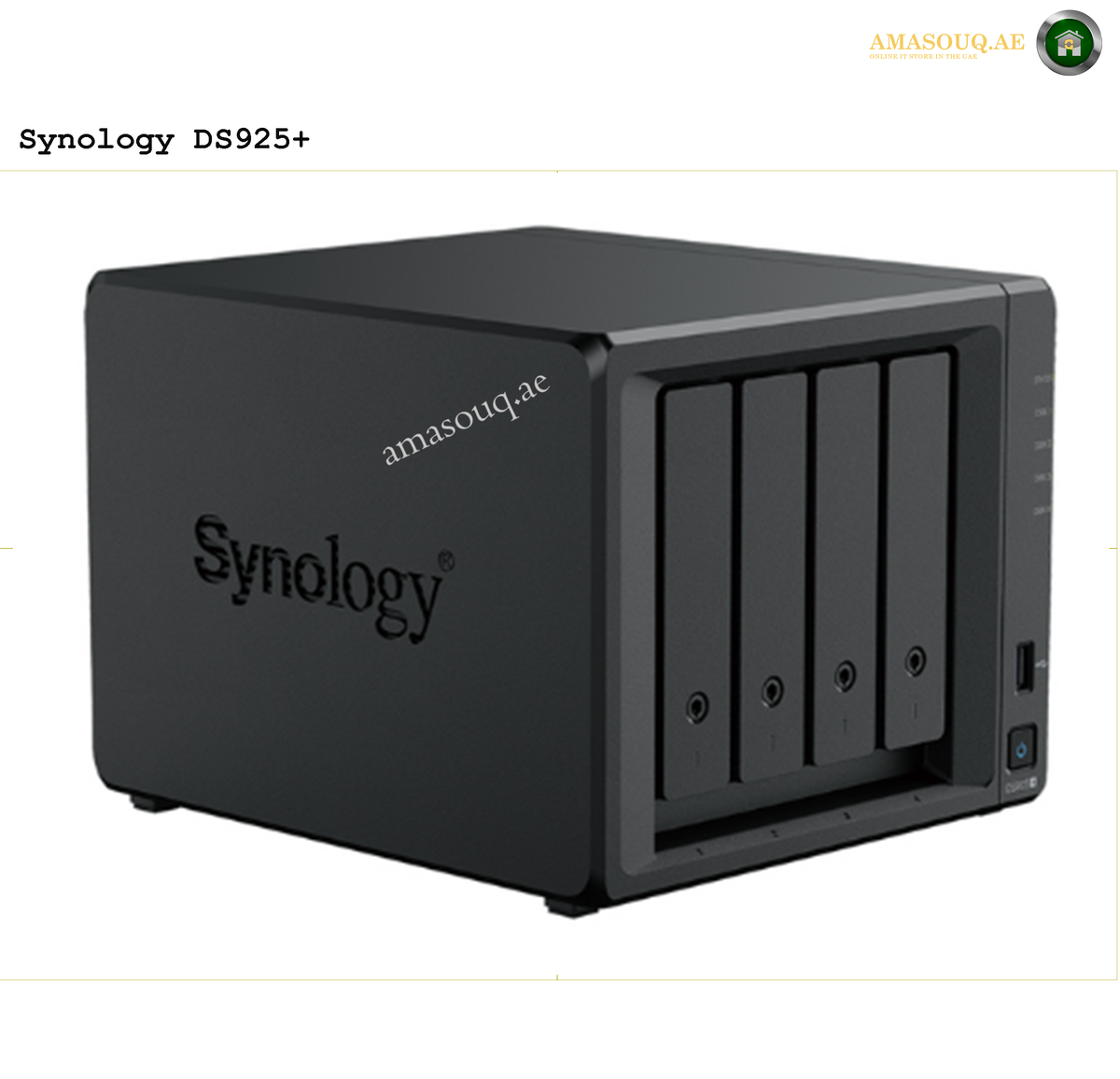 Synology DiskStation DS925+ 4-Bay NAS AMD Ryzen V1500B 4GB Dual 2.5GbE | DS925+. Black Synology DS925+ storage device on a white background