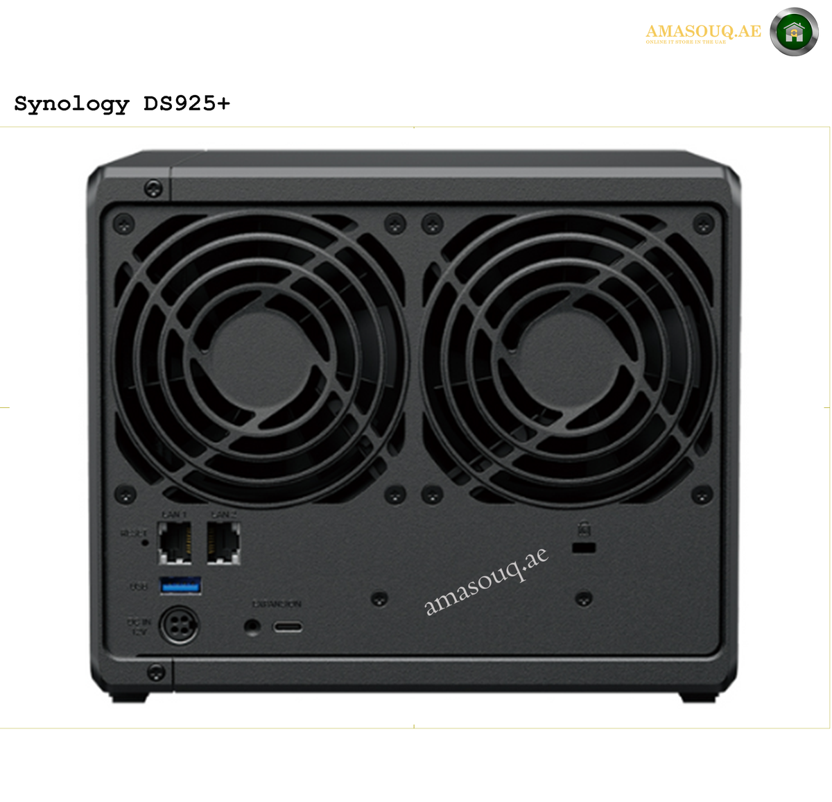 Synology DS925+ 4-Bay NAS with Dual 2.5GbE Network Ports | DS925+. Back view of a Synology DS925+ NAS with two fans on a white background.