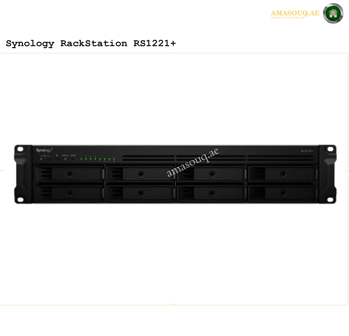 Synology RackStation RS1221+ 8-Bay 2U Rackmount NAS AMD Ryzen V1500B 4GB | RS1221+. Synology RackStation RS1221+ on a white background with 'AMASOUQ.AE' branding.