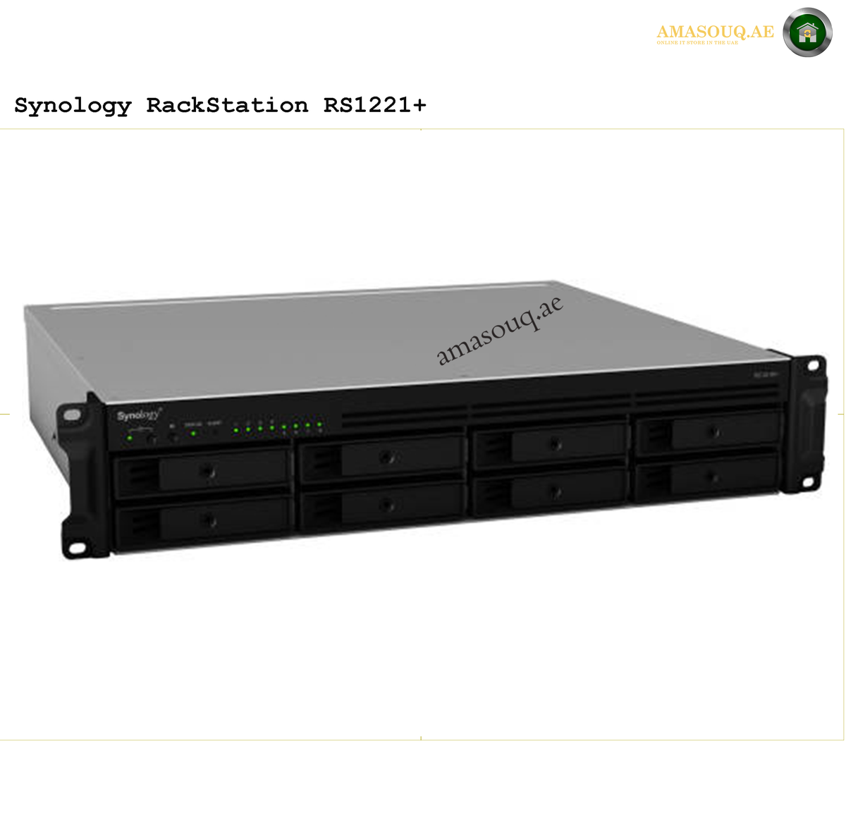 Synology RackStation RS1221+ 8-Bay Rackmount NAS Front View | RS1221+. Synology RackStation RS1221+ server on a white background with 'amasouqae' branding.