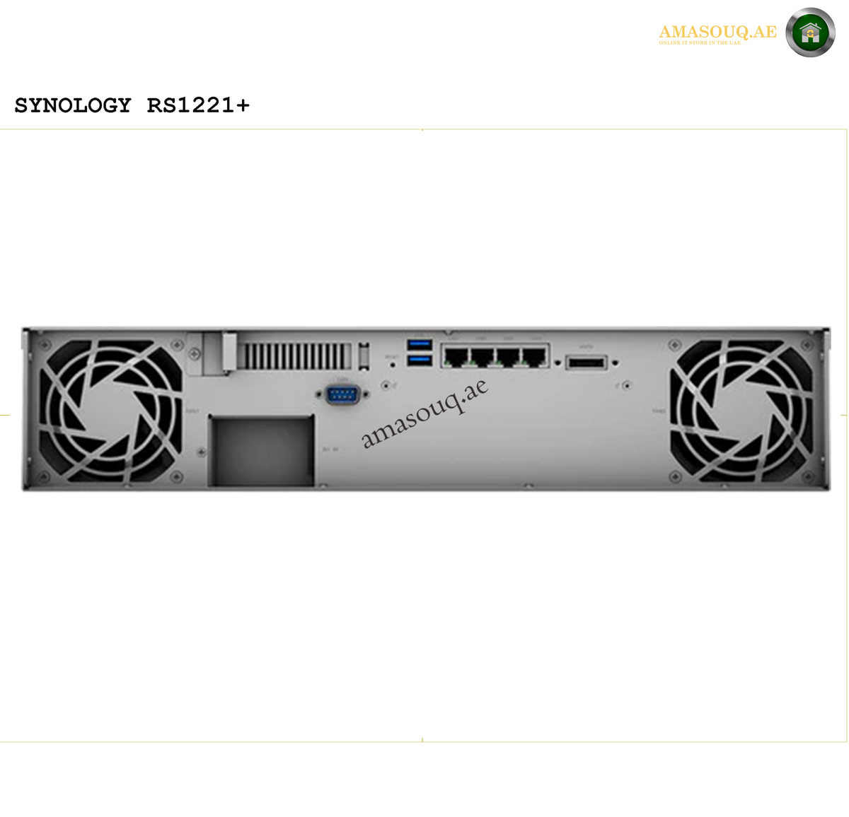 Synology RackStation RS1221+ 2U NAS Rear View and Connectivity Ports | RS1221+. Back view of a Synology RS1221+ server with AMASOUQ.AE branding.