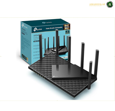 TP-Link Archer AX72 AX5400 Dual-Band Gigabit Wi-Fi 6 Router. TP-Link AX5400 Dual Band Gigabit Router shown with its teal retail packaging box on a clean white background.