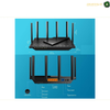 TP-Link Archer AX72 Dual-Band 2.4GHz and 5GHz Wi-Fi 6 Router. A black multi-antenna wireless router shown from top and front angles on a blue graphic background, with dimension labels and port annotations. The image includes the text 'AMASOUQAE' in the top right corner.