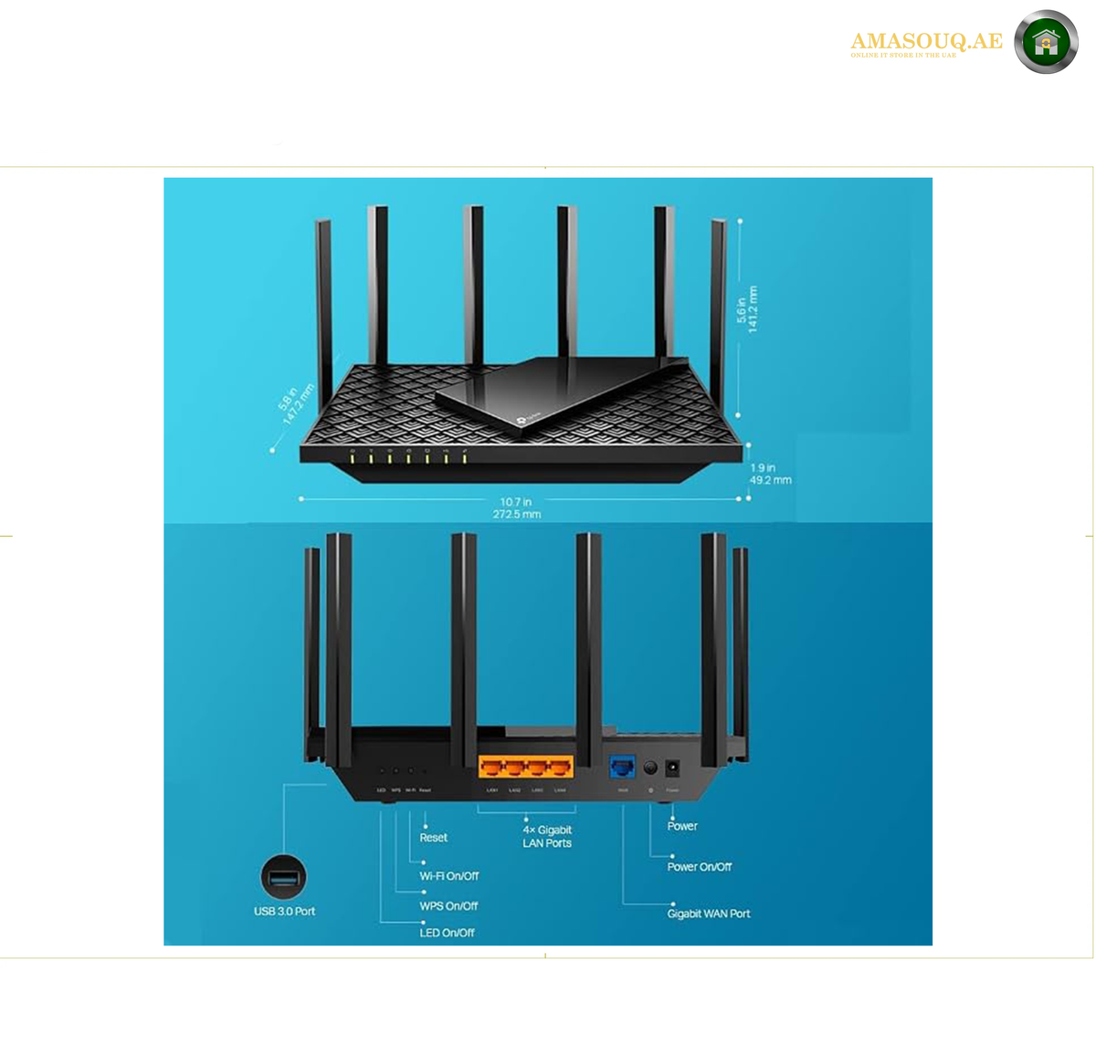 TP-Link Archer AX72 Dual-Band 2.4GHz and 5GHz Wi-Fi 6 Router. A black multi-antenna wireless router shown from top and front angles on a blue graphic background, with dimension labels and port annotations. The image includes the text 'AMASOUQAE' in the top right corner.
