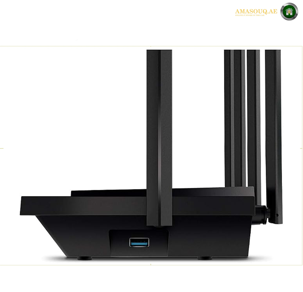 TP-Link Archer AX72 Black AX5400 Wi-Fi 6 Router Front View. A black multi-antenna wireless router shown from a side angle on a plain white background, featuring a USB port on the front.
