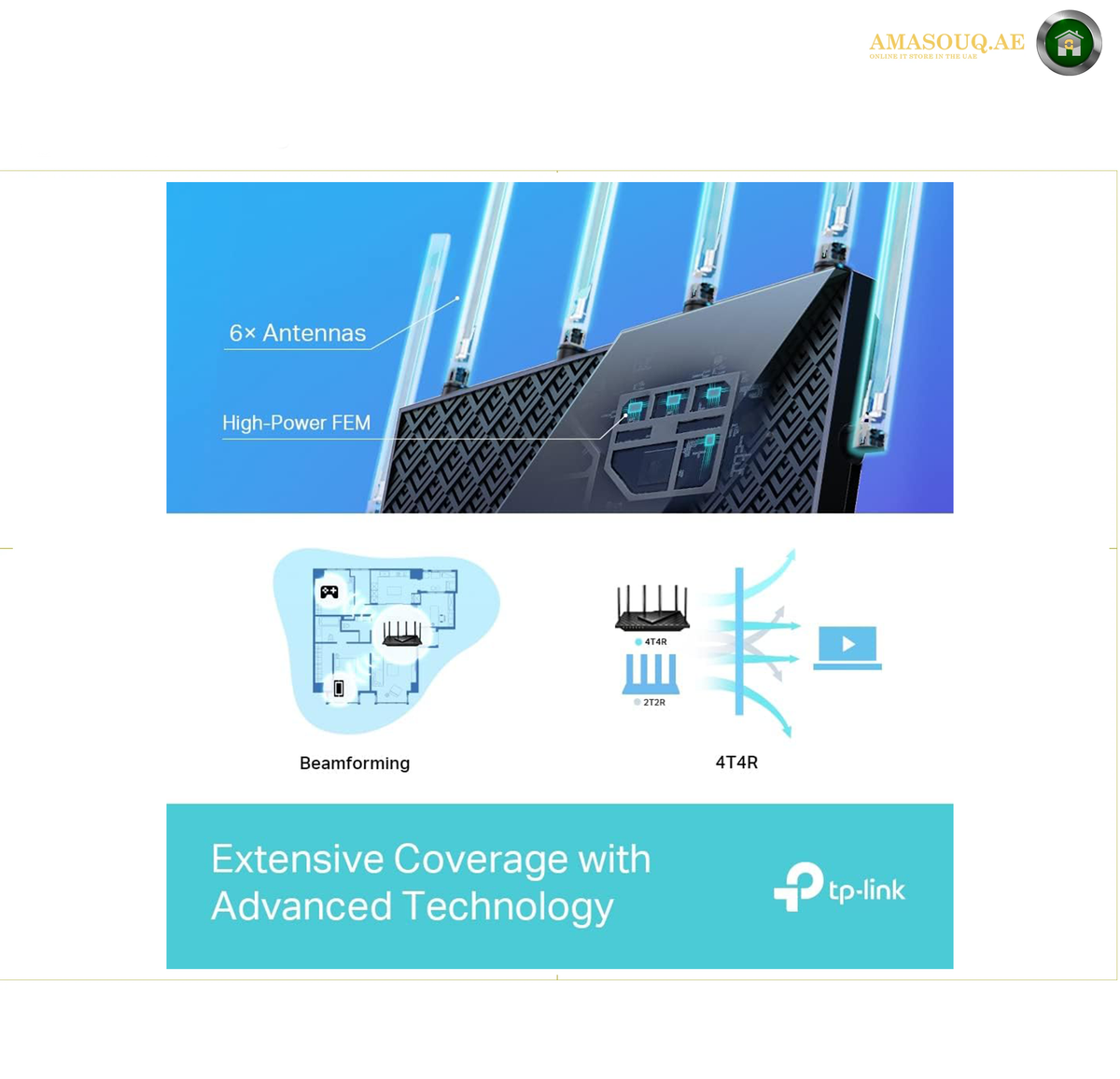 TP-Link Archer AX72 Router with Six Fixed High-Performance Antennas. Promotional graphic for a tp-link router featuring 6 antennas, high-power FEM, beamforming, and 4G4R technology, with text stating 'Extensive Coverage with Advanced Technology' and the tp-link logo.