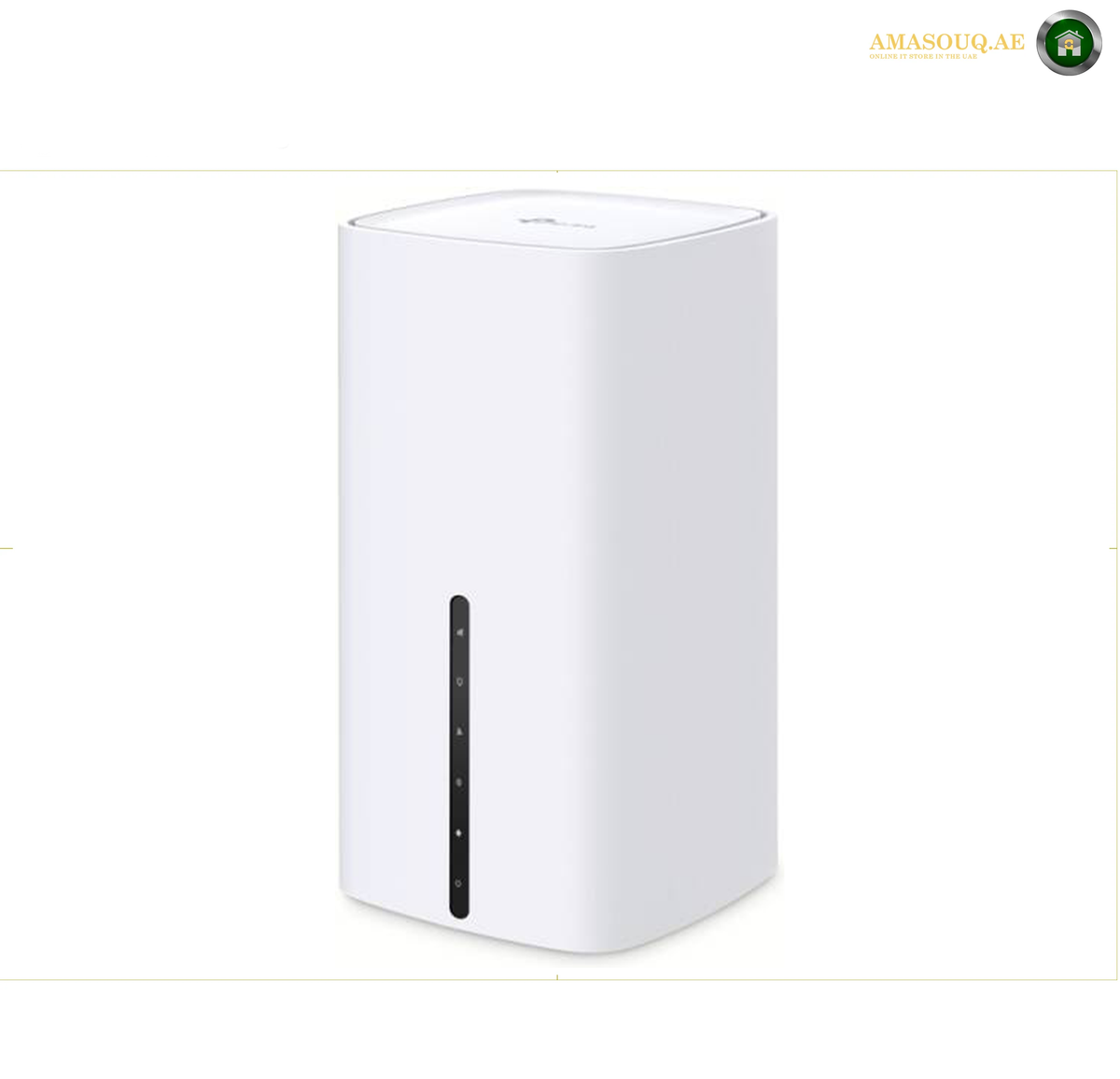 TP-Link Archer NX200 5G AX1800 Wi-Fi 6 Gigabit Router front view | NX200. A white rectangular electronic device with rounded corners, featuring a vertical black status indicator window on the front, shown against a plain white background.